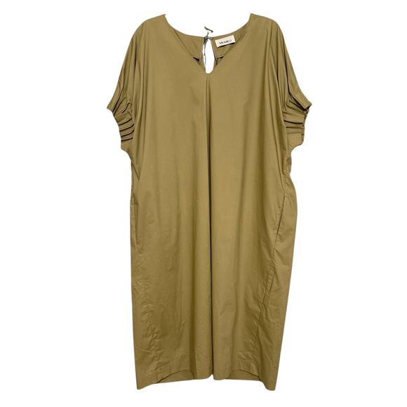Meimeij Khaki Long Dress Pockets Vneck Short Sleeve Italian Lagenlook Fall M - Picture 2 of 10